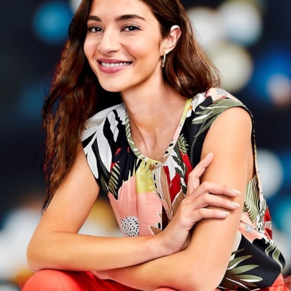 LOFT Tropical Print Sleeveless Keyhole Blouse